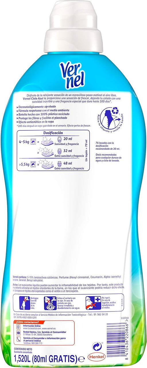 Vernel Suavizante Concentrado Cielo Azul (76 Lavados): Disfruta de una suavidad increíble y una fragancia fresca que dura hasta 200 días en tu ropa. Vernel - pack