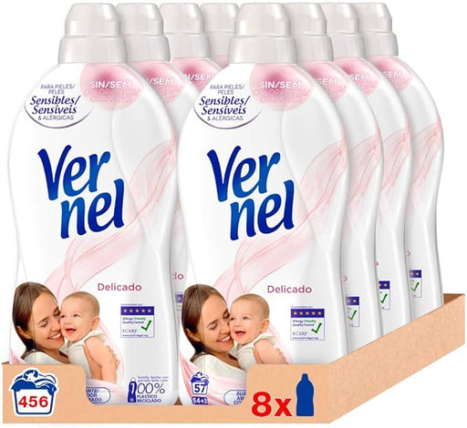 Vernel Suavizante Concentrado Delicado (Pack 8x57 Lavados): Cuidado hipoalergénico para pieles sensibles, con una suavidad increíble para 456 lavados. Vernel - frontal