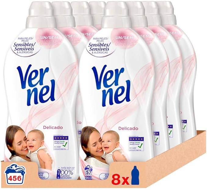 Vernel Suavizante Concentrado Delicado (Pack 8x57 Lavados): Cuidado hipoalergénico para pieles sensibles, con una suavidad increíble para 456 lavados. Vernel - frontal