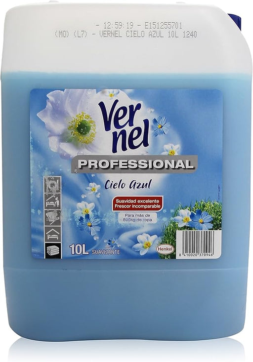 Vernel Suavizante Profesional Cielo Azul (Formato 10 Litros): Suavidad y frescor duradero para más de 800kg de ropa, ideal para lavanderías y hostelería. Vernel - frontal