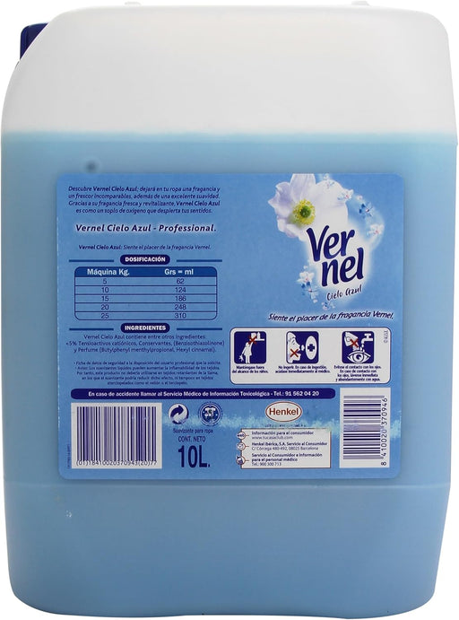Vernel Suavizante Profesional Cielo Azul (Formato 10 Litros): Suavidad y frescor duradero para más de 800kg de ropa, ideal para lavanderías y hostelería. Vernel - pack