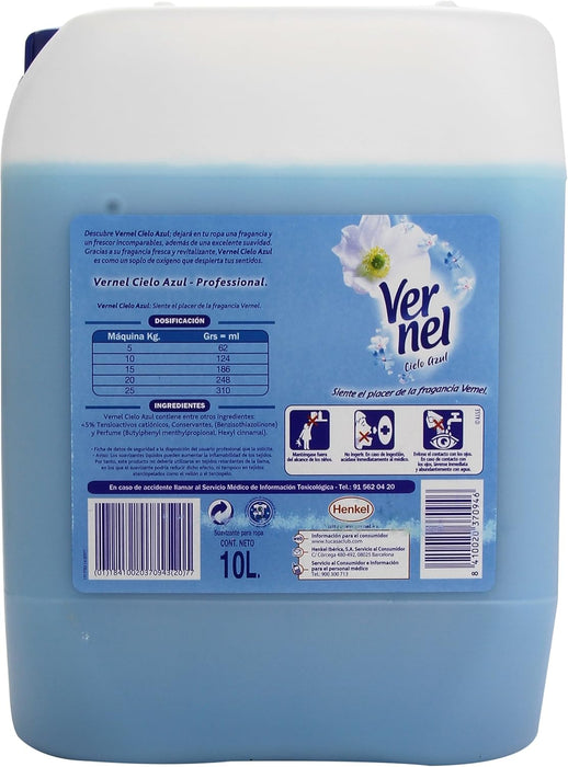 Vernel Suavizante Profesional Cielo Azul (Formato 10 Litros): Suavidad y frescor duradero para más de 800kg de ropa, ideal para lavanderías y hostelería. Vernel - pack