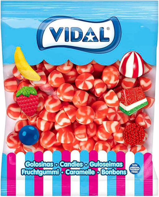 Vidal Caramelos de Goma Twist Fresa y Nata (Bolsa 1,5kg): Disfruta del clásico toffee masticable bicolor con un irresistible sabor a fresa y nata, en formato de 250 unidades. Vidal - frontal