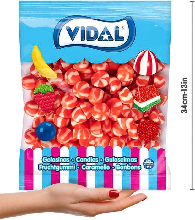 Vidal Caramelos de Goma Twist Fresa y Nata (Bolsa 1,5kg): Disfruta del clásico toffee masticable bicolor con un irresistible sabor a fresa y nata, en formato de 250 unidades. Vidal - ingredientes