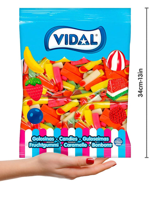 Vidal Golosinas Dedos Surtidos (Bolsa 1,5Kg): El clásico caramelo de goma con sabor a frutas y sin gluten, en un formato de 250 unidades para tus fiestas. Vidal - ingredientes