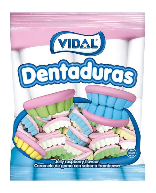 Vidal Golosinas Dentaduras Sabor Frambuesa (Bolsa 250 uds): El divertido caramelo de goma sin gluten, ideal para fiestas, Halloween y mesas dulces. Vidal - frontal