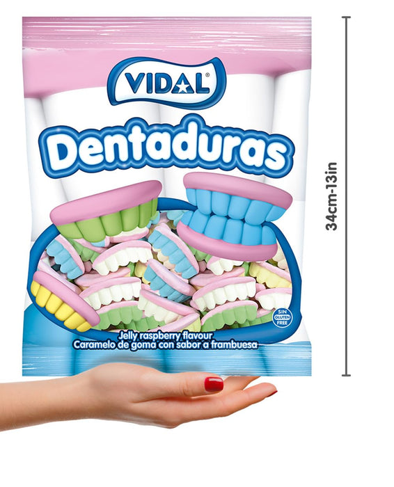 Vidal Golosinas Dentaduras Sabor Frambuesa (Bolsa 250 uds): El divertido caramelo de goma sin gluten, ideal para fiestas, Halloween y mesas dulces. Vidal - ingredientes