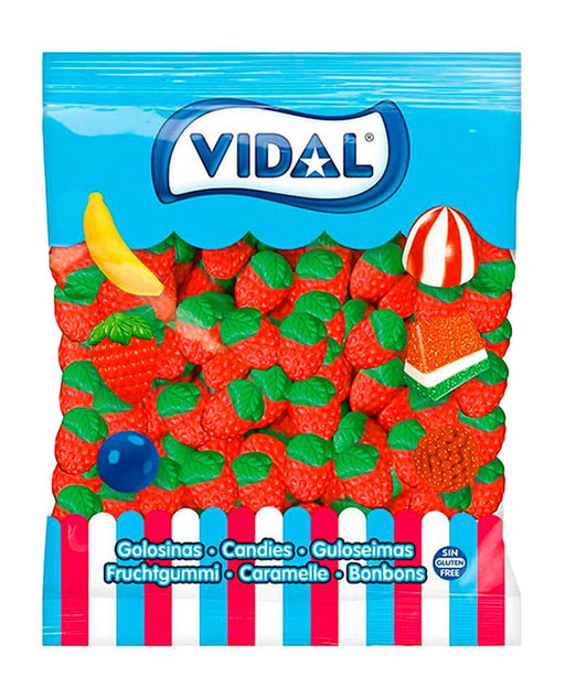 Vidal Golosinas Fresas Silvestres (Bolsa 1kg): Disfruta del clásico caramelo de goma con forma y sabor a fresa, una chuche tierna y deliciosa sin gluten. Vidal - frontal