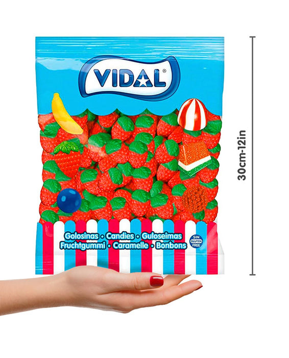 Vidal Golosinas Fresas Silvestres (Bolsa 1kg): Disfruta del clásico caramelo de goma con forma y sabor a fresa, una chuche tierna y deliciosa sin gluten. Vidal - ingredientes