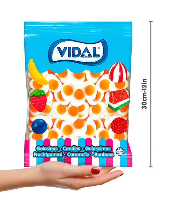 Vidal Golosinas Huevos Fritos (Bolsa 1kg): La icónica gominola con sabor a nata y textura esponjosa, sin gluten y sin grasa, en formato grande de 167 unidades. Vidal - ingredientes
