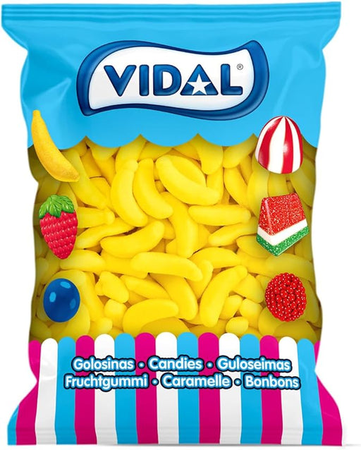 Vidal Golosinas Plátanos de Goma con Azúcar (Bolsa 1kg): Disfruta del auténtico sabor a plátano en este caramelo de goma sin gluten recubierto de azúcar. Vidal - frontal