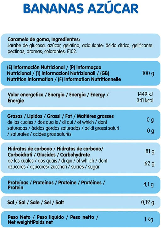 Vidal Golosinas Plátanos de Goma con Azúcar (Bolsa 1kg): Disfruta del auténtico sabor a plátano en este caramelo de goma sin gluten recubierto de azúcar. Vidal - pack