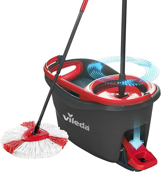 Vileda Easy Wring & Clean Turbo Set, Pedal Bucket and Spin Mop. Mopping system with hands-free wringing, 2-in-1 microfiber mop head, and telescopic