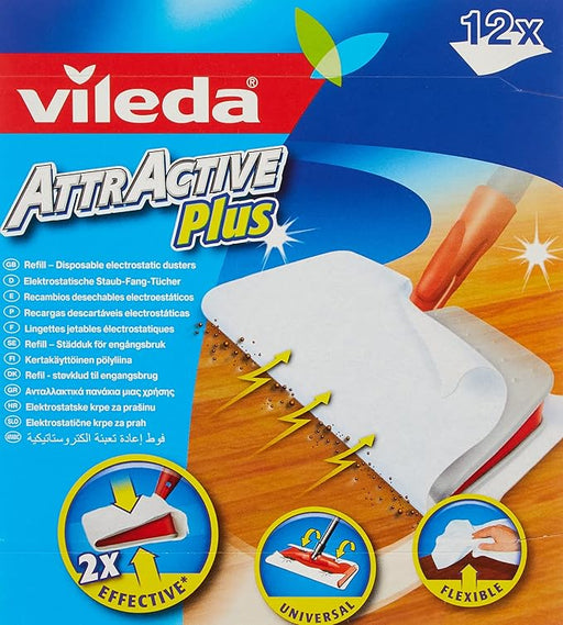 Vileda Recambios para Mopa Attractiva Plus (Pack 12 uds): Gamuzas electrostáticas desechables para una limpieza en seco rápida, higiénica y eficaz. Vileda - frontal