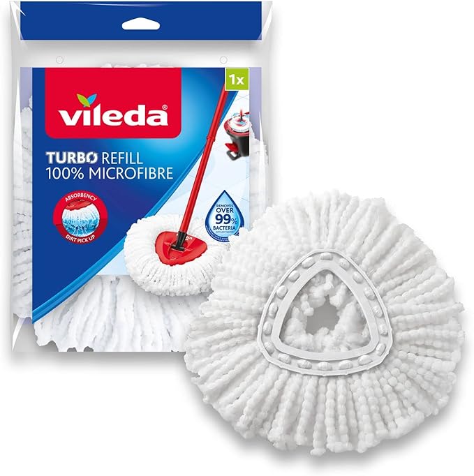 Vileda Turbo Classic Recambio de Fregona, 1 unidad. Mopa de microfibras con cordones extra absorbentes que elimina el 99% de bacterias solo con agua en todo tipo de suelos. Vileda - frontal
