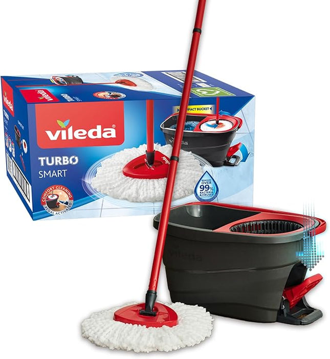 Vileda Turbo Smart, Sistema de Fregado con Cubo y Pedal. Fregona giratoria con escurrido fácil por centrifugado, cabezal de microfibra y mango de 3 piezas. Vileda - frontal