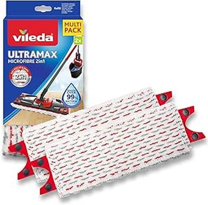 Vileda UltraMax Power 2en1 Recambio para Mopa Plana, Pack de 2 Unidades. Almohadillas de microfibra para una limpieza y brillo superiores en todo tipo de suelos, incluso parqué. Vileda - frontal