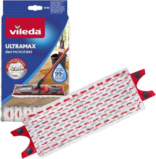 Vileda UltraMax Recambio de Mopa, 1 Unidad. Almohadilla de microfibra 2en1 para sistemas UltraMax y 12SprayMax, elimina el 99% de las bacterias solo con agua. Vileda - frontal