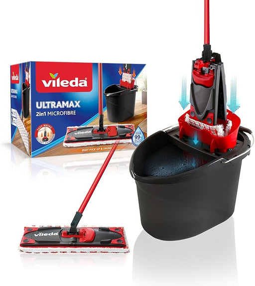 Vileda Ultramax, Set de Mopa Plana y Cubo con Escurridor. Sistema de limpieza para todo tipo de suelos que elimina la grasa y las manchas más difíciles, en seco y en mojado. Vileda - frontal