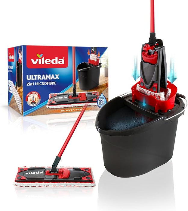 Vileda Ultramax, Set de Mopa Plana y Cubo con Escurridor. Sistema de limpieza para todo tipo de suelos que elimina la grasa y las manchas más difíciles, en seco y en mojado. Vileda - frontal