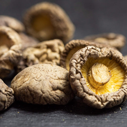 Setas Shiitake Deshidratadas VTKP (90gr). Lentinus Edodes secas de calidad gourmet, tamaño 2-3 cm, ideales para potenciar el sabor umami en tus platos asiáticos y guisos. Vtkp - pack
