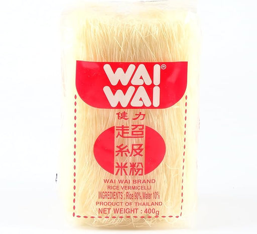 Wai Wai Fideos de Arroz Vermicelli, 400 gr. Fideos finos de arroz naturalmente sin gluten, de cocción rápida, ideales para preparar ensaladas, sopas y salteados asiáticos. Wai Wai - frontal