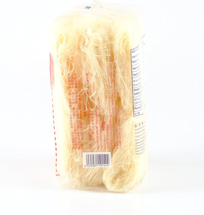 Wai Wai Fideos de Arroz Vermicelli, 400 gr. Fideos finos de arroz naturalmente sin gluten, de cocción rápida, ideales para preparar ensaladas, sopas y salteados asiáticos. Wai Wai - pack