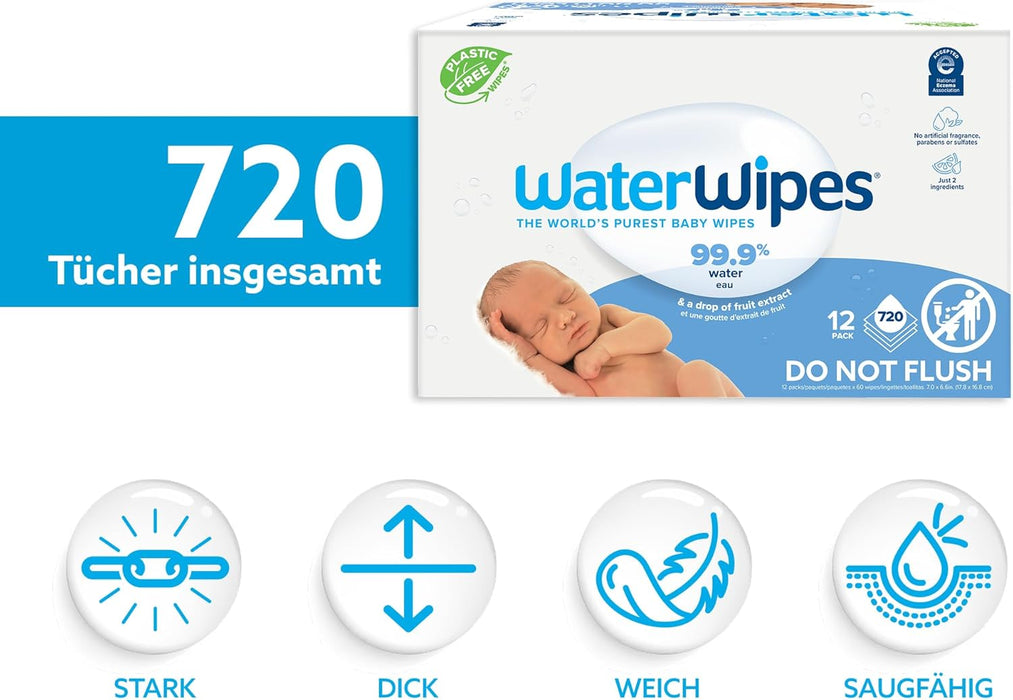 WaterWipes Toallitas Húmedas para Bebé (Pack 12x60, 720 uds): Las toallitas originales sin plástico, con 99,9% de agua y un toque de extracto de fruta para pieles sensibles. Waterwipes - extra