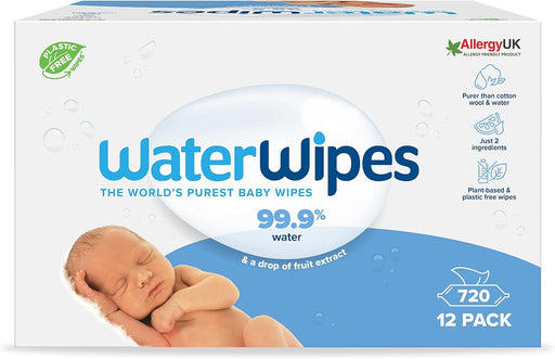 WaterWipes Toallitas Húmedas para Bebé (Pack 12x60, 720 uds): Las toallitas originales sin plástico, con 99,9% de agua y un toque de extracto de fruta para pieles sensibles. Waterwipes - frontal