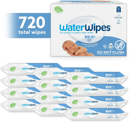 WaterWipes Toallitas Húmedas para Bebé (Pack 12x60, 720 uds): Las toallitas originales sin plástico, con 99,9% de agua y un toque de extracto de fruta para pieles sensibles. Waterwipes - pack